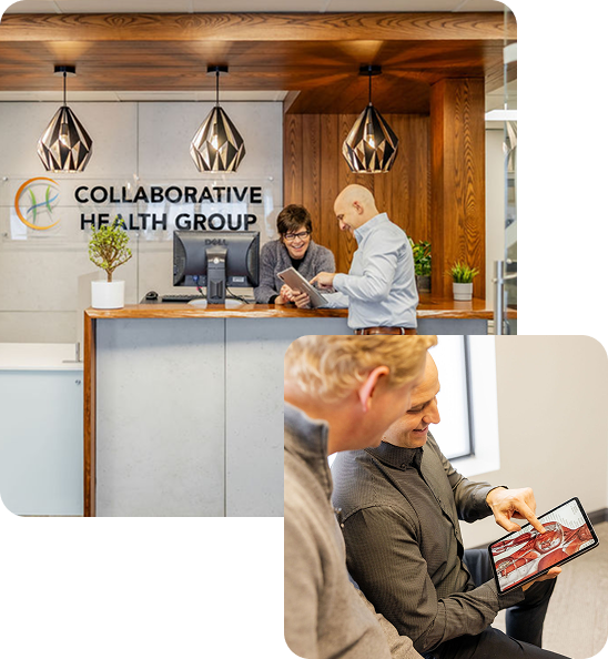 Elizabeth Adams-Sweet and Dr. Peter Wilson at the reception desk of Collaborative Health Group, smiling as they look at a tablet together. The setting conveys a sense of teamwork and approachability.